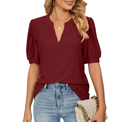 ✨Women's Loose Solid Color Hollow Bubble Short Sleeve Top