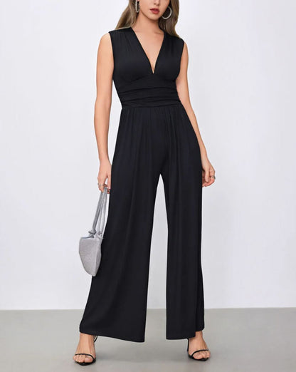 V-neck Ruched Solid Wide Leg Jumpsuit