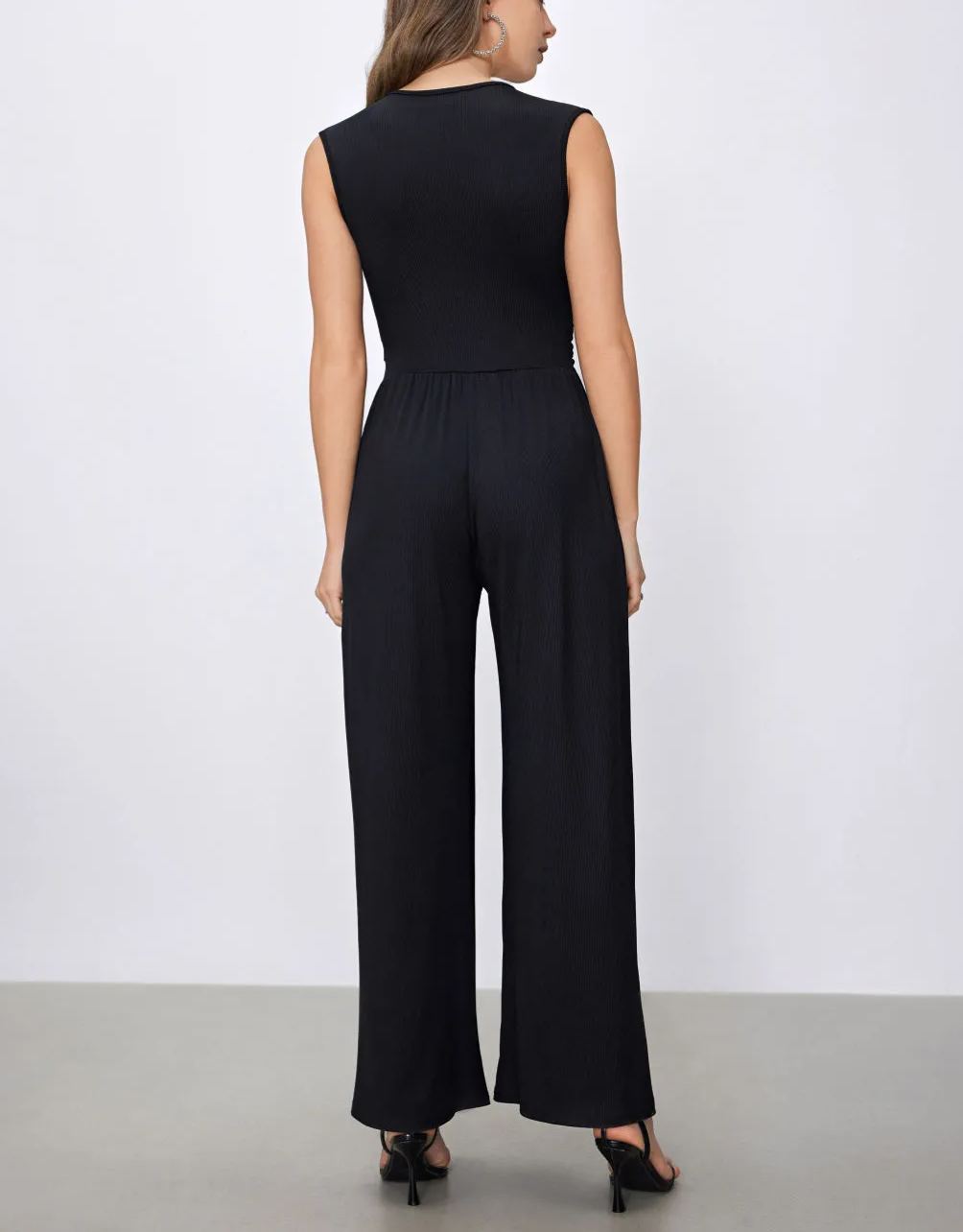 V-neck Ruched Solid Wide Leg Jumpsuit