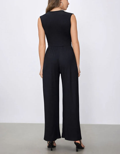 V-neck Ruched Solid Wide Leg Jumpsuit