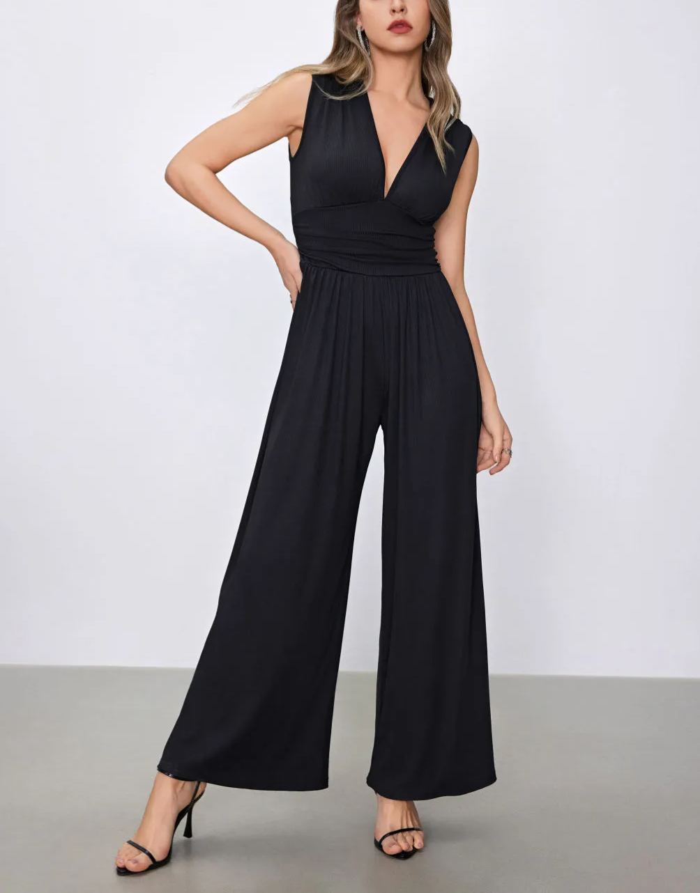 V-neck Ruched Solid Wide Leg Jumpsuit