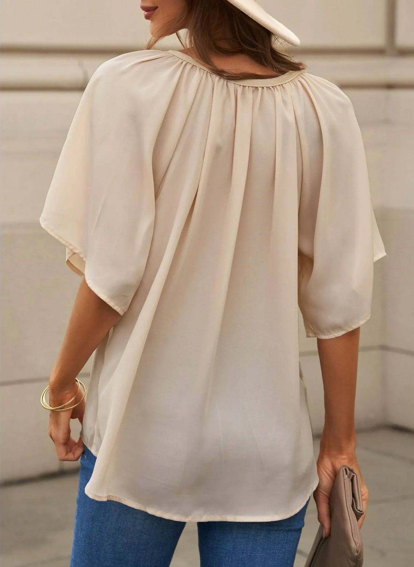 ✨ New Women's V Neck 3/4 Batwing Sleeve Blouse Pleated Flowy Tunic Tops