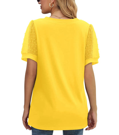 ✨New Women's Summer V Neck T Shirts Swiss Dot Puff Sleeve Tops