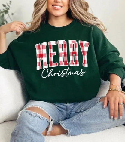 “Merry Christmas” Plaid Graphic Sweatshirt