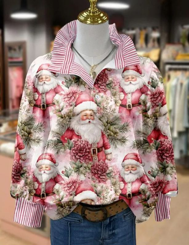 Vintage Christmas Santa Print Long Sleeve Top Casual Blouses
