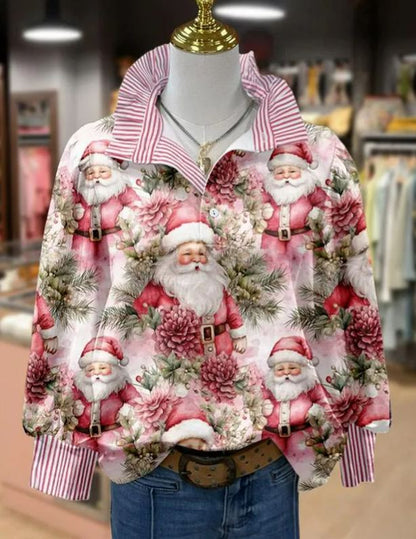 Vintage Christmas Santa Print Long Sleeve Top Casual Blouses