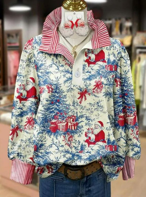 Vintage Christmas Santa Print Long Sleeve Top Casual Blouses