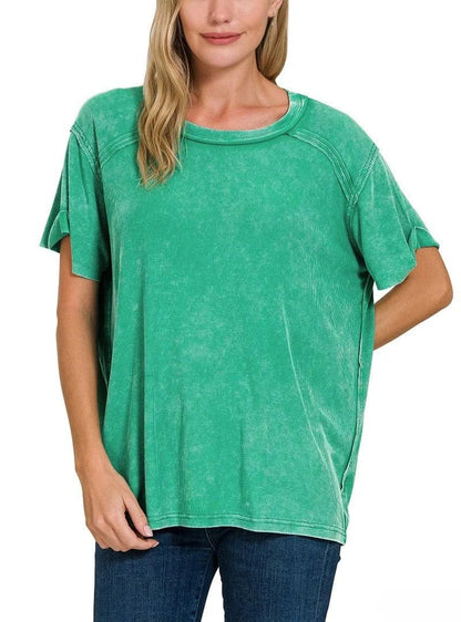 Washed Ribbed Short Sleeve Boat-Neck Top