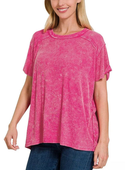 Washed Ribbed Short Sleeve Boat-Neck Top