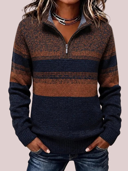 Women's Quarter Zip Color Block Striped Knit Sweater
