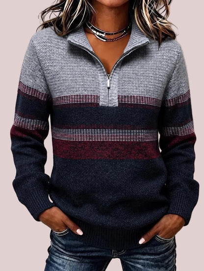 Women's Quarter Zip Color Block Striped Knit Sweater