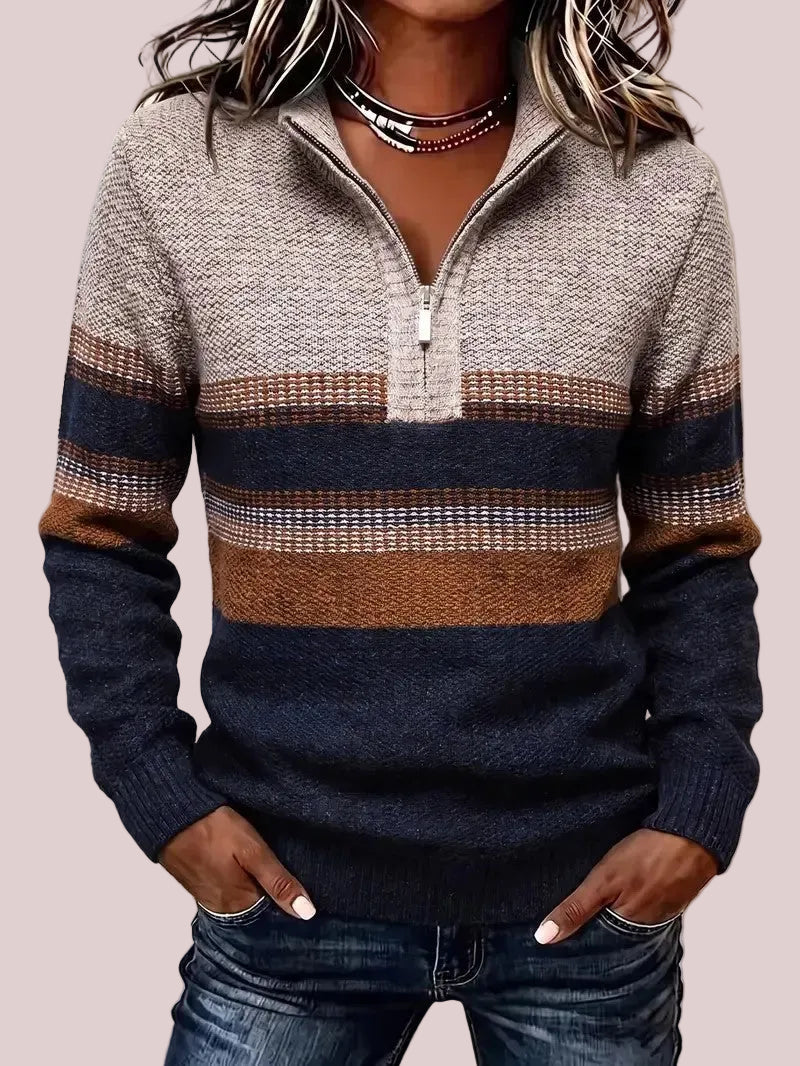 Women's Quarter Zip Color Block Striped Knit Sweater