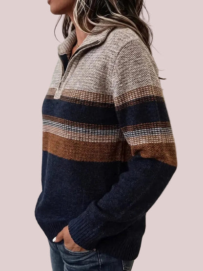 Women's Quarter Zip Color Block Striped Knit Sweater