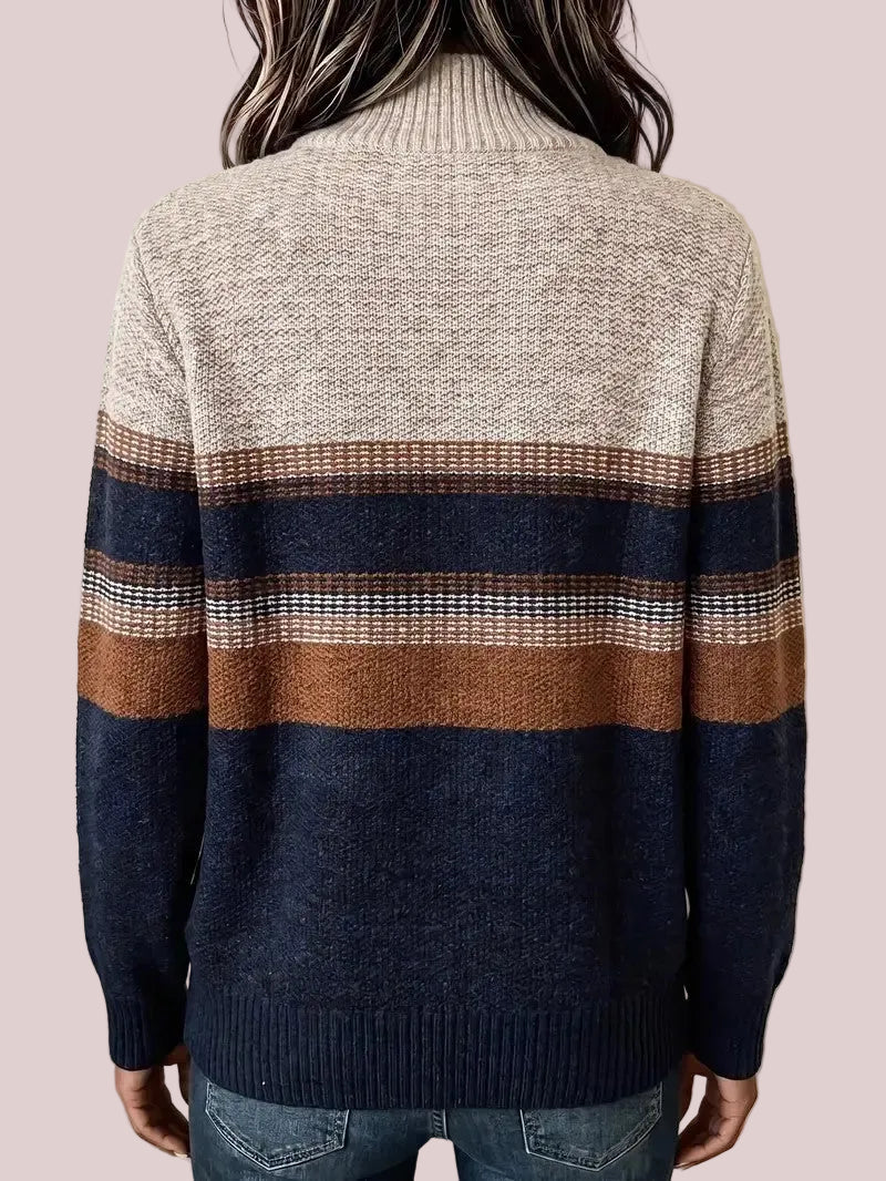 Women's Quarter Zip Color Block Striped Knit Sweater