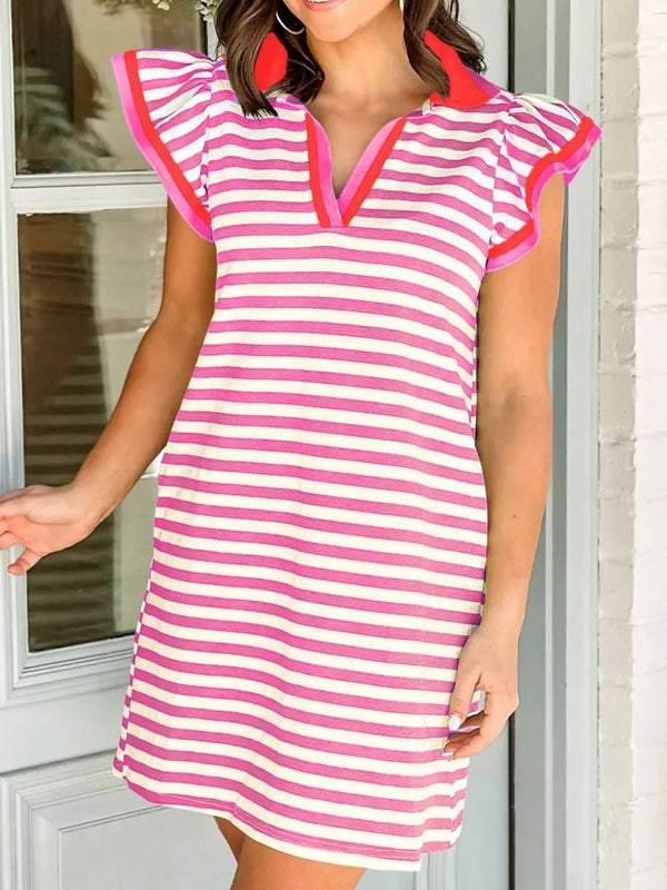 Women's Stripe V-Neck Polo Mini Dress