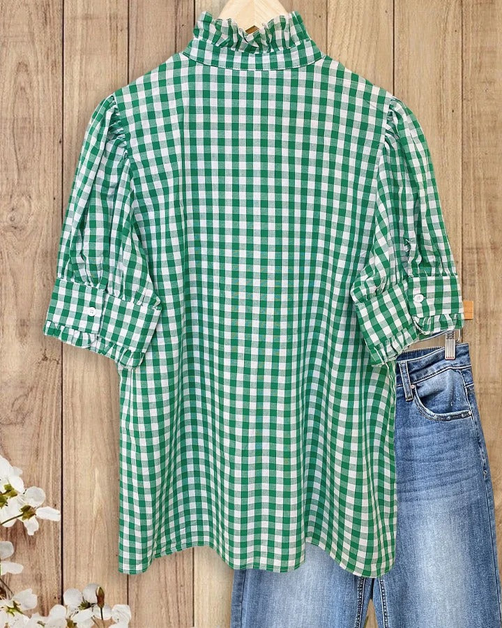 ⏰Hot Sale-Women's Grid Smart Ruffles Trim Puff Sleeve Blouse