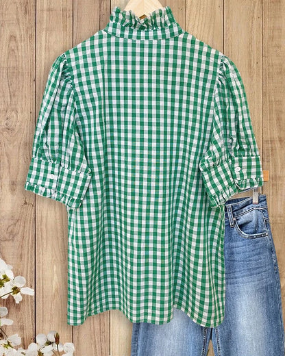 ⏰Hot Sale-Women's Grid Smart Ruffles Trim Puff Sleeve Blouse