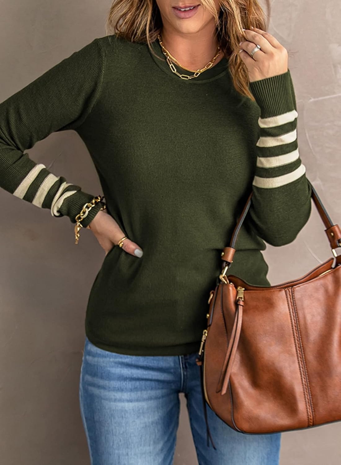 HOT SALE Women's Casual Crew Neck Striped Sleeve Knit Sweaters