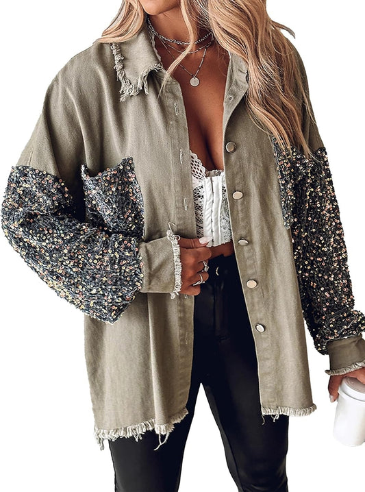 ✨Women's Oversized Sequin Patchwork Long Sleeve Button Front Denim Jacket