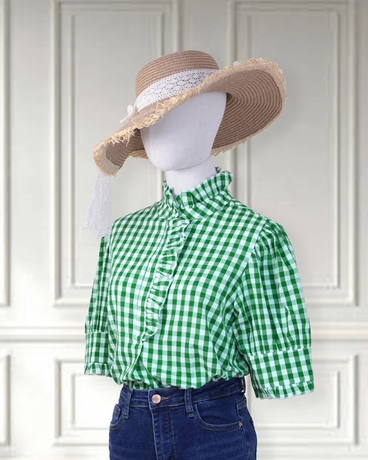 ⏰Hot Sale-Women's Grid Smart Ruffles Trim Puff Sleeve Blouse