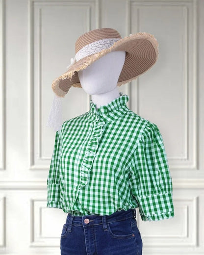 ⏰Hot Sale-Women's Grid Smart Ruffles Trim Puff Sleeve Blouse