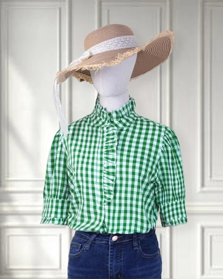 ⏰Hot Sale-Women's Grid Smart Ruffles Trim Puff Sleeve Blouse