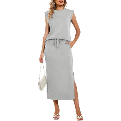 ⏰Hot Sale-2026 Women's Cap Sleeve Top Drawstring Midi Skirts with Pockets Two Piece Sets