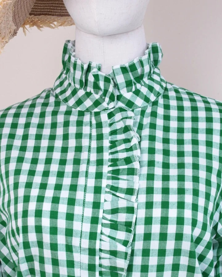 ⏰Hot Sale-Women's Grid Smart Ruffles Trim Puff Sleeve Blouse