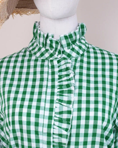 ⏰Hot Sale-Women's Grid Smart Ruffles Trim Puff Sleeve Blouse