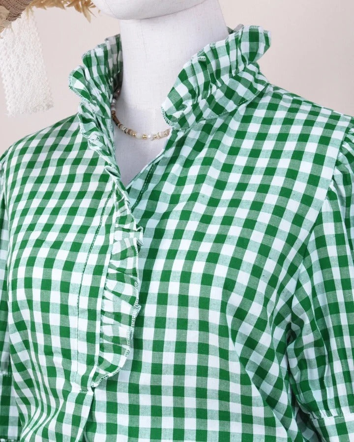 ⏰Hot Sale-Women's Grid Smart Ruffles Trim Puff Sleeve Blouse