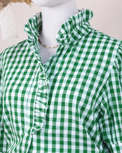⏰Hot Sale-Women's Grid Smart Ruffles Trim Puff Sleeve Blouse