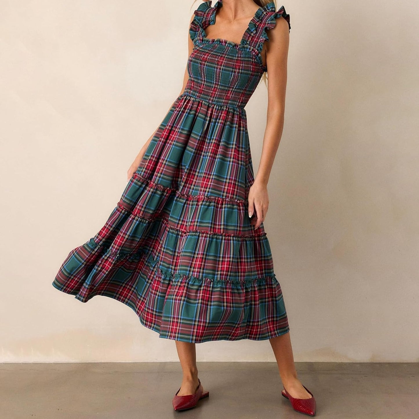 Women’s Sleeveless Plaid Ruffle A-Line Dress