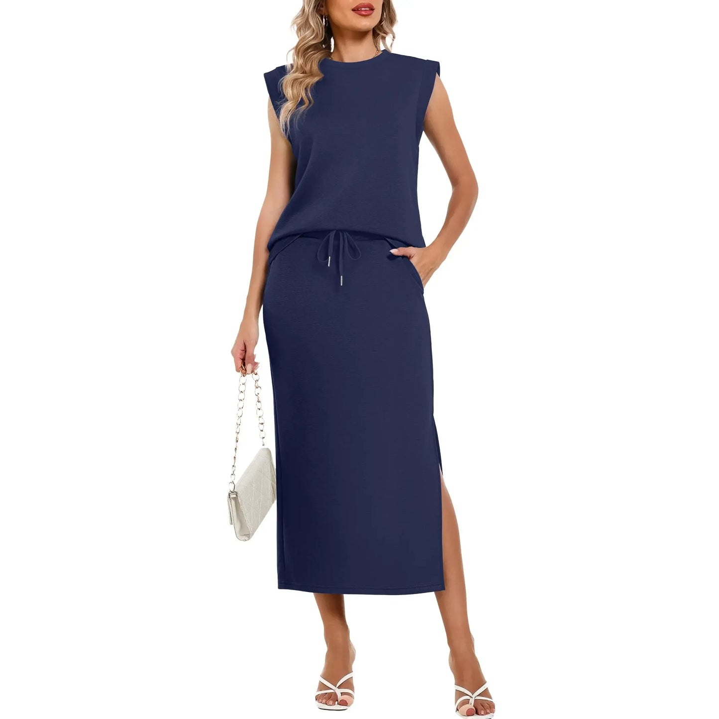 ⏰Hot Sale-2026 Women's Cap Sleeve Top Drawstring Midi Skirts with Pockets Two Piece Sets
