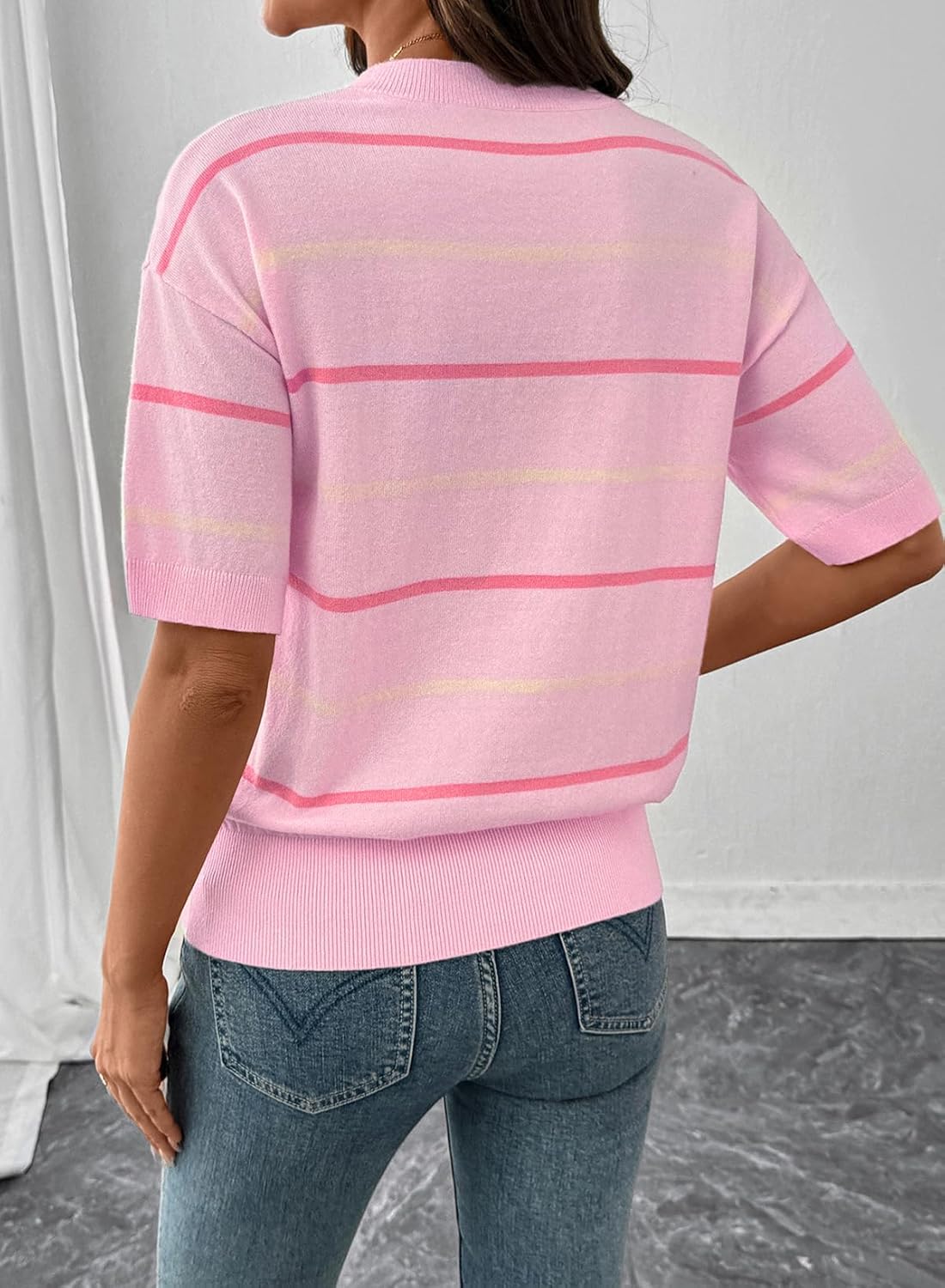 ⏰Hot Sale-Womens Tops Crewneck Short Sleeve Sweater Pullover Knit Striped Shirt Spring Outfits