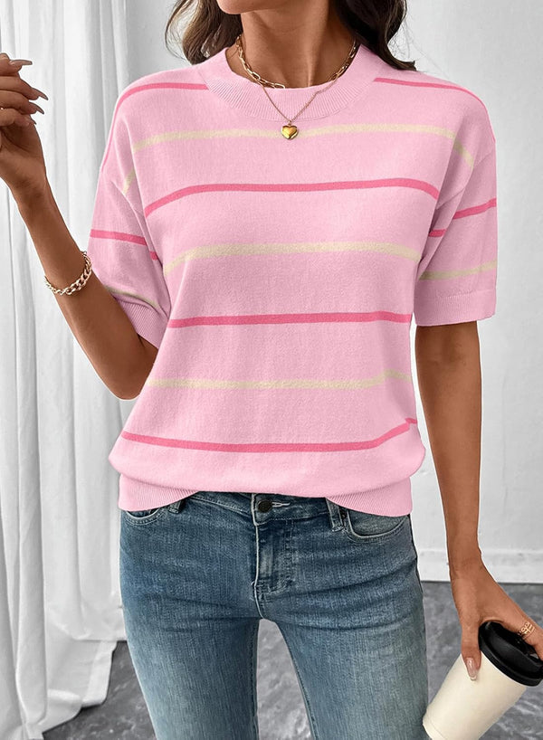 Limited time sale🔥Womens Tops Crewneck Short Sleeve Sweater Pullover Knit Striped Shirt