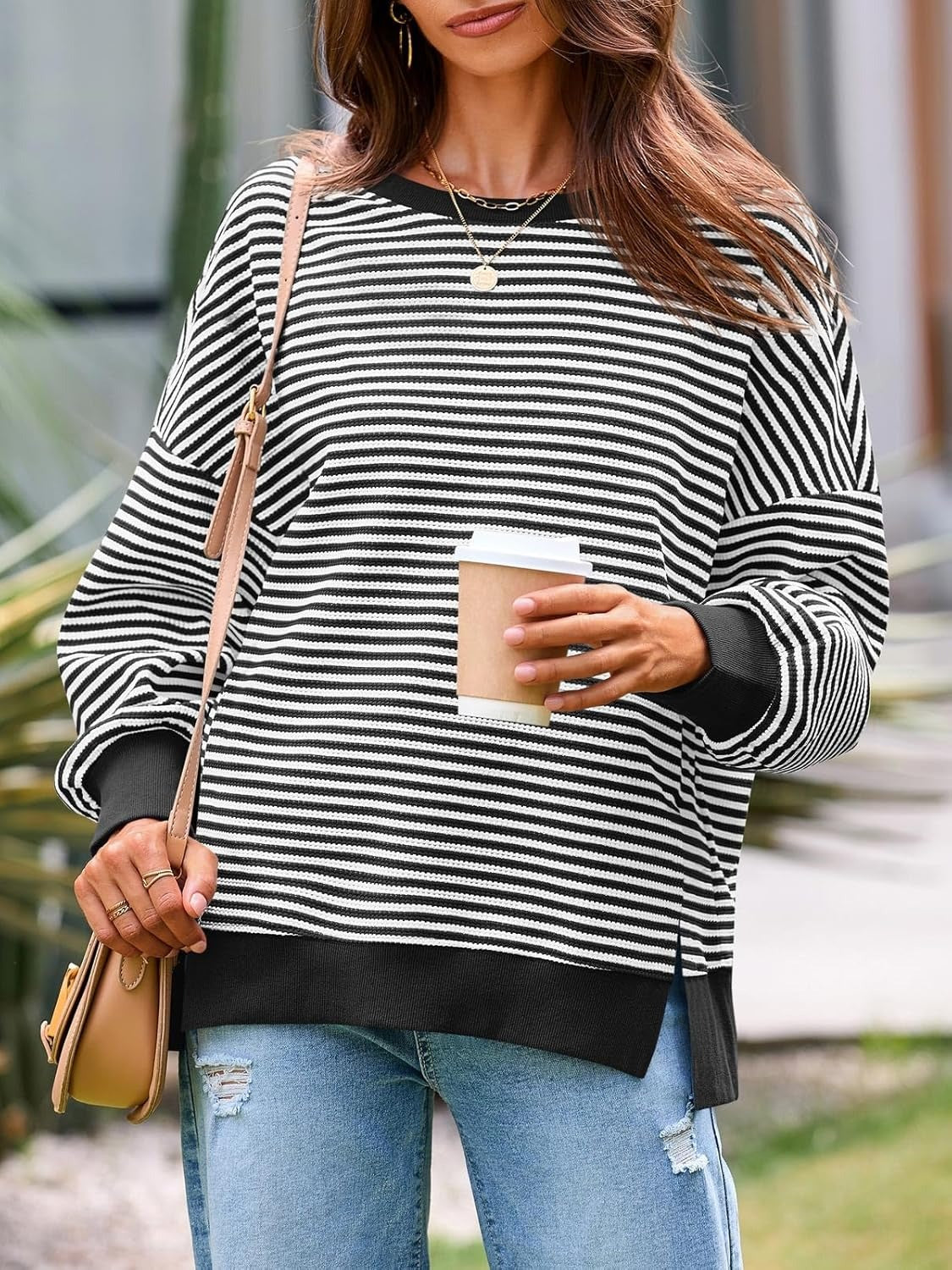 ⏰Hot Sale-Women's Oversized Sweatshirt Waffle Long Sleeve Split Pullover Tunic Tops