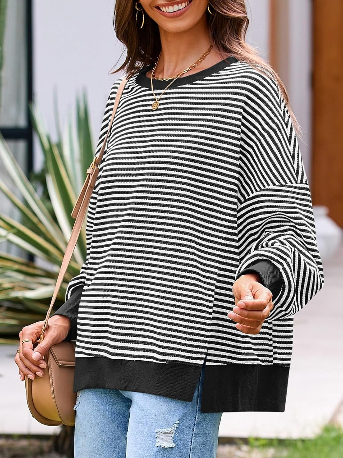 ⏰Hot Sale-Women's Oversized Sweatshirt Waffle Long Sleeve Split Pullover Tunic Tops
