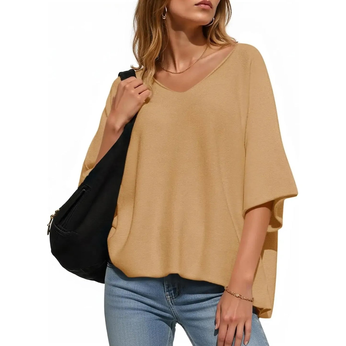 🔥Women's Oversized Half Sleeve Batwing V Neck Casual Knit Tops