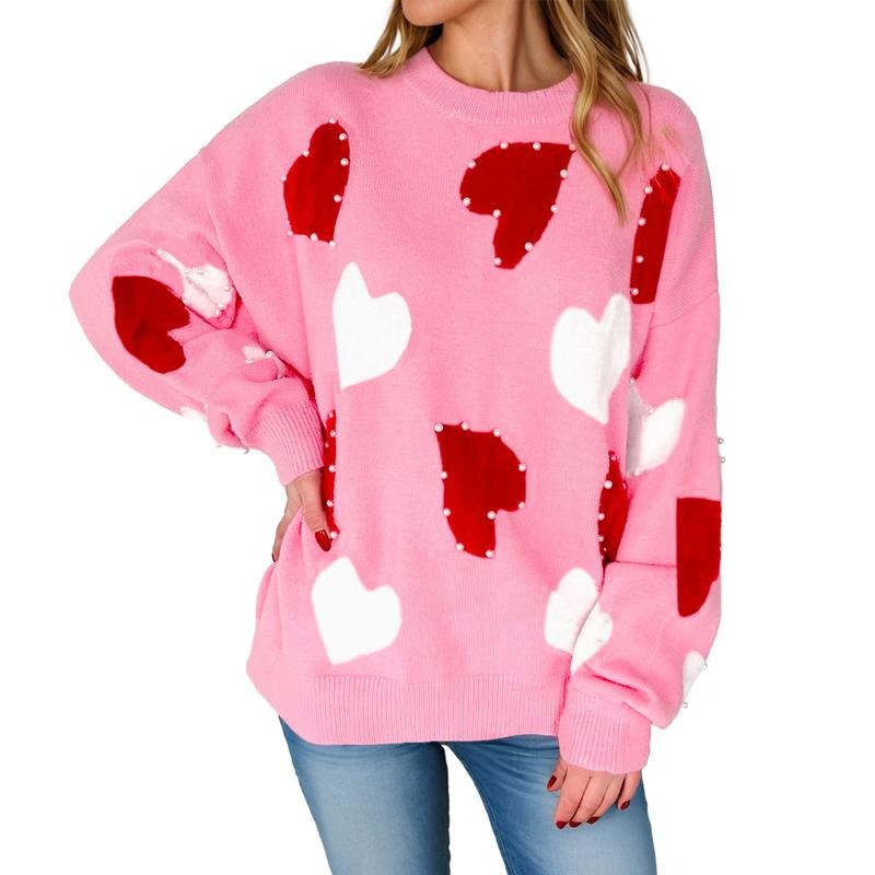 Pearl Embellished Heart Pattern Valentines Day Sweater