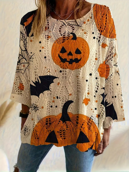 ⏰Hot Sale-Halloween Crew Neck Pumpkin Loose Fit Long Sleeve Cutout Sweater