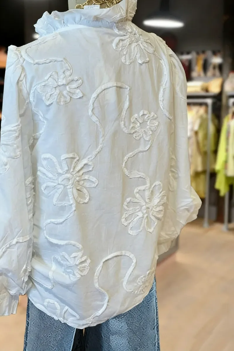 Embroidered Flower Ruffle Neck Puff Sleeve Top