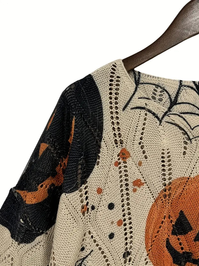 ⏰Hot Sale-Halloween Crew Neck Pumpkin Loose Fit Long Sleeve Cutout Sweater