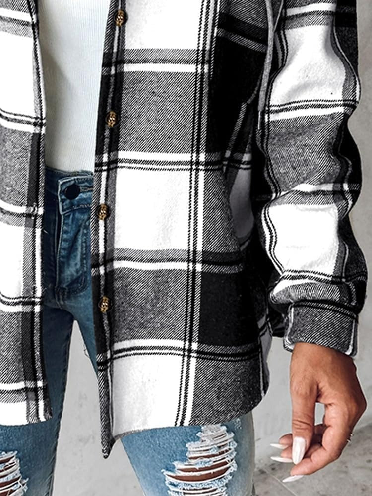 ✨Women's Plaid Button Down Fleece Lined Hooded Jackets Warm Coat