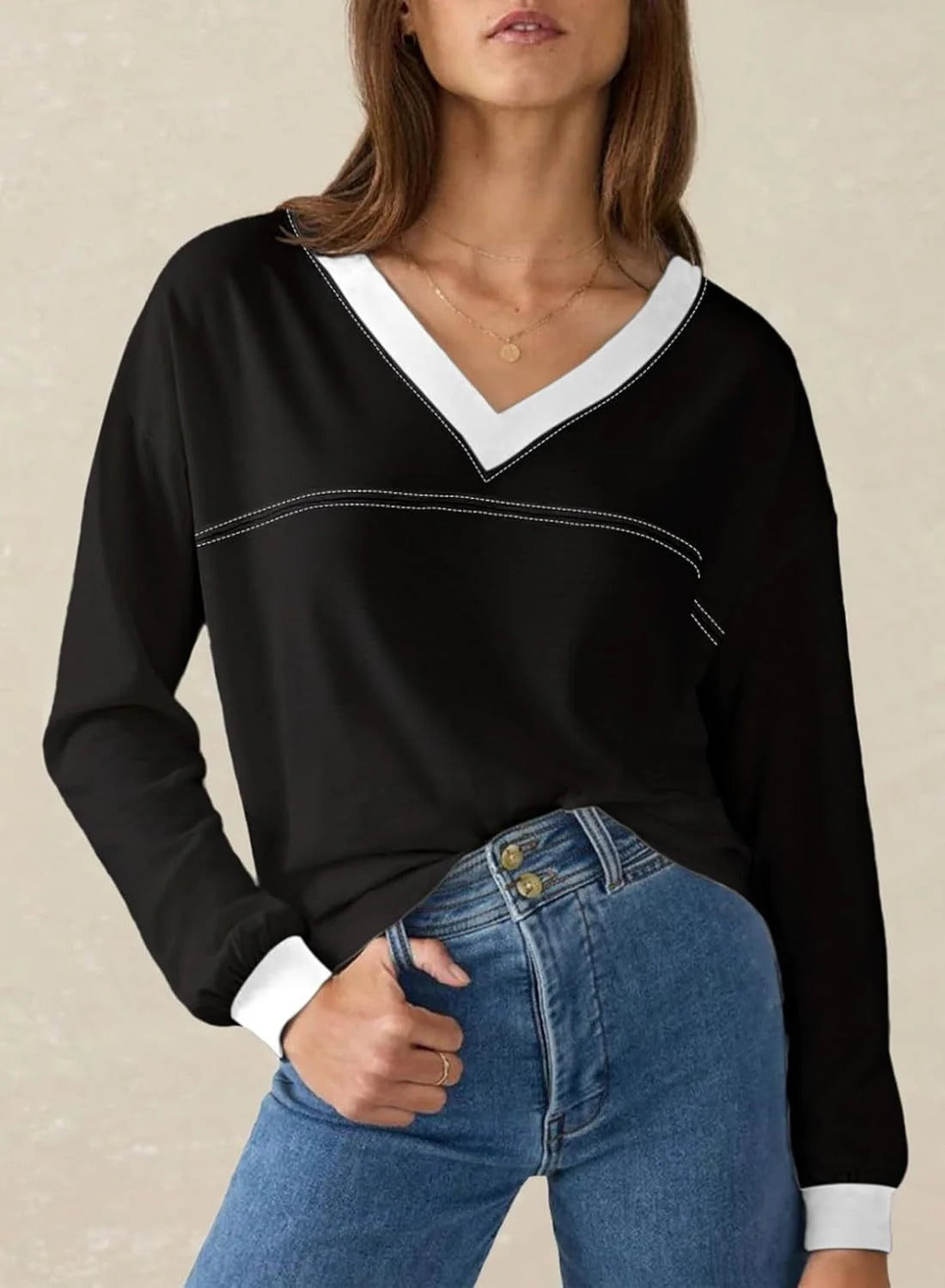 Women's Loose V-Neck Long Sleeve Colorblock T-shirt