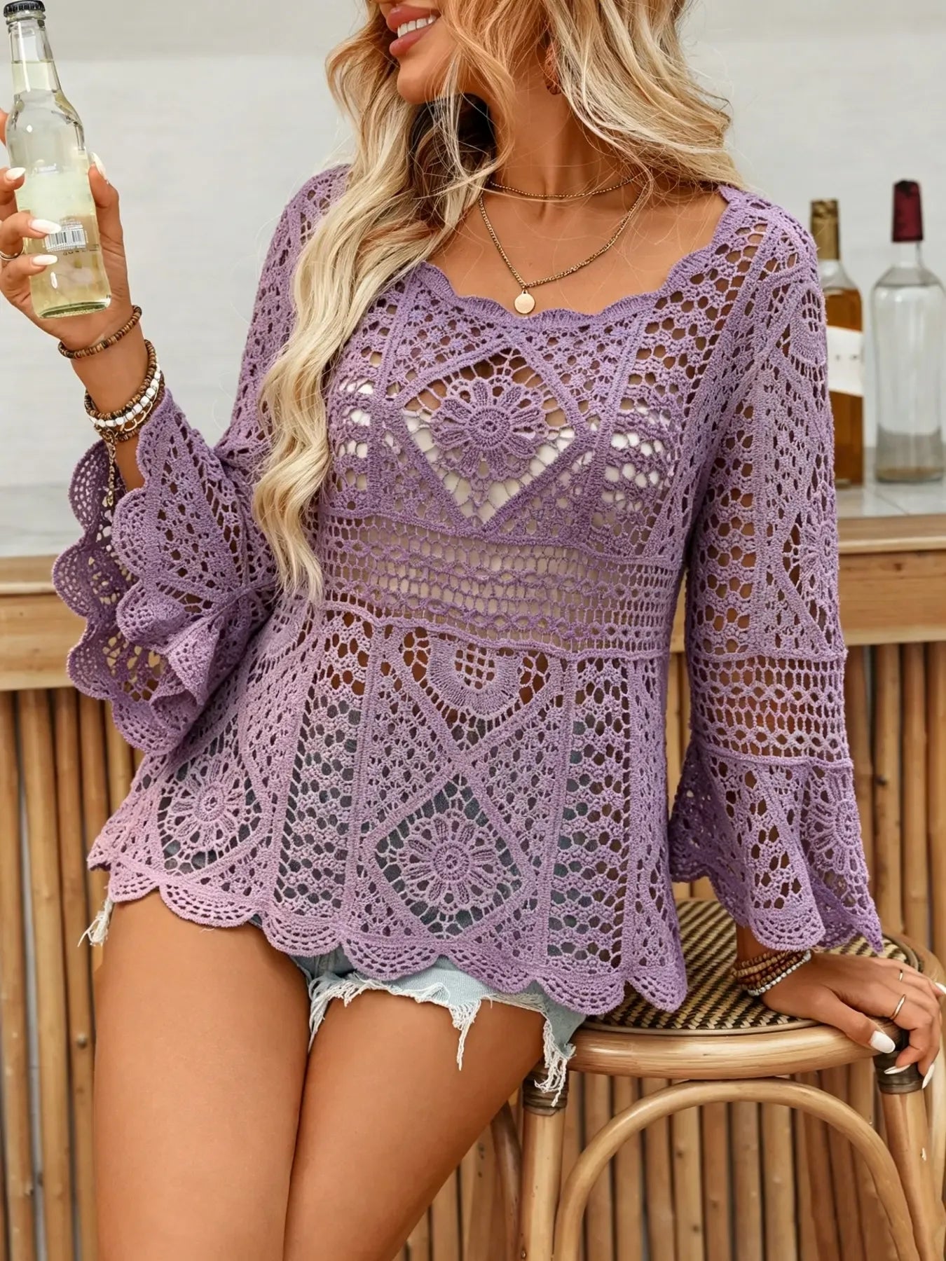 ⏰Hot Sale-Boho Style Women's Long Sleeve Round Neck Hollow Out Knit Cardigan