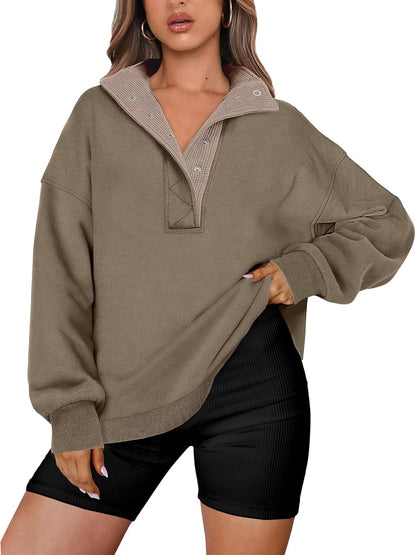 Women's Oversized Button Up Henley Pullover Sweatshirt