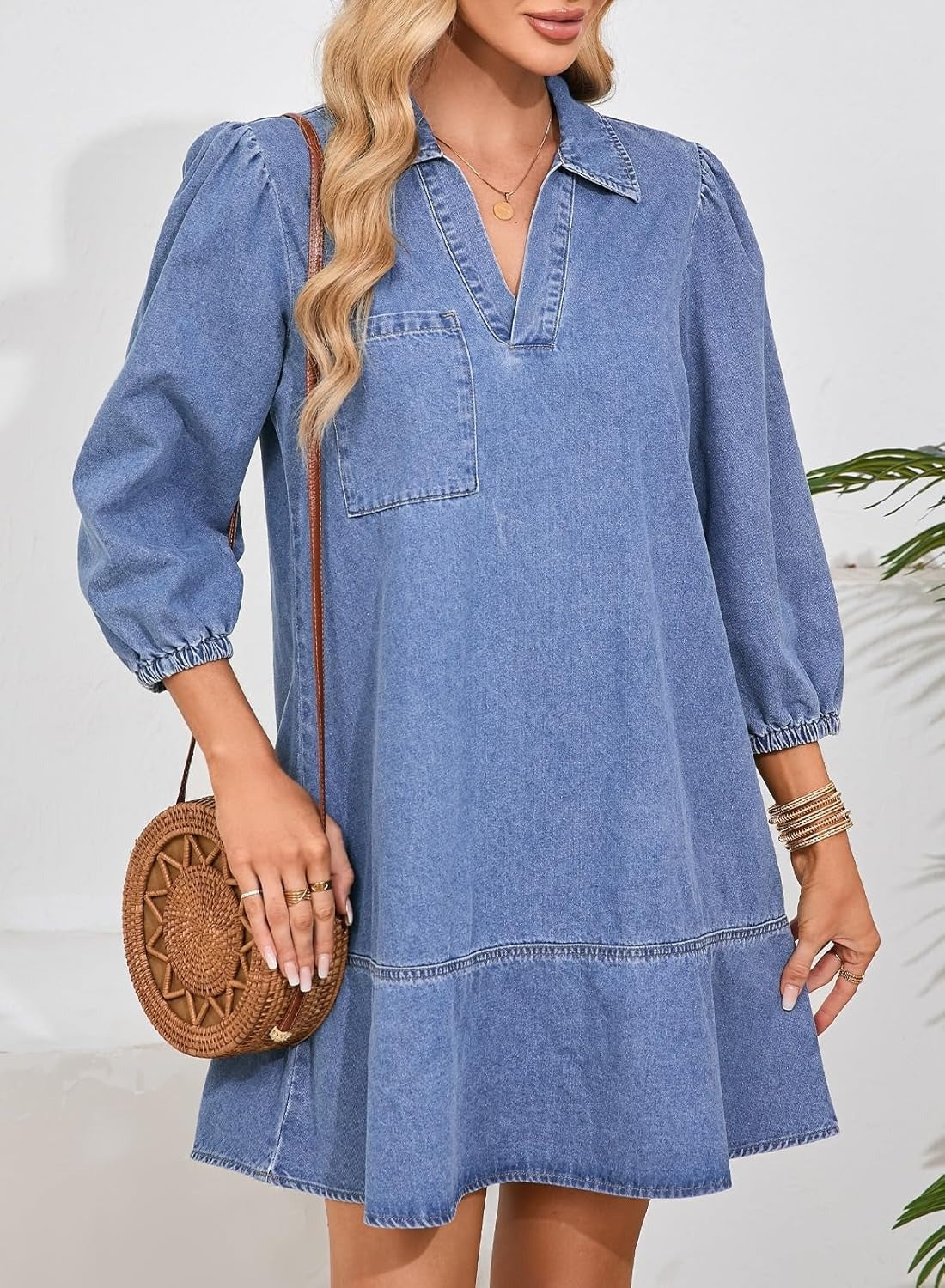 ⏰Hot Sale-Women's V-neck Puff Sleeve Denim Layered Dress