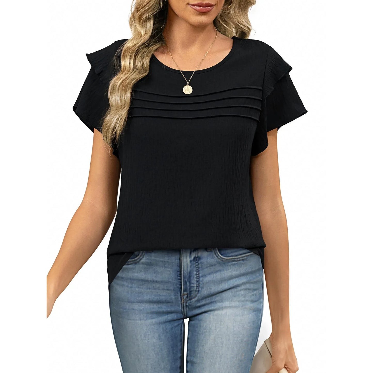 Women's Summer Ruffle Short Sleeve Crew Neck Pleated Front Tops