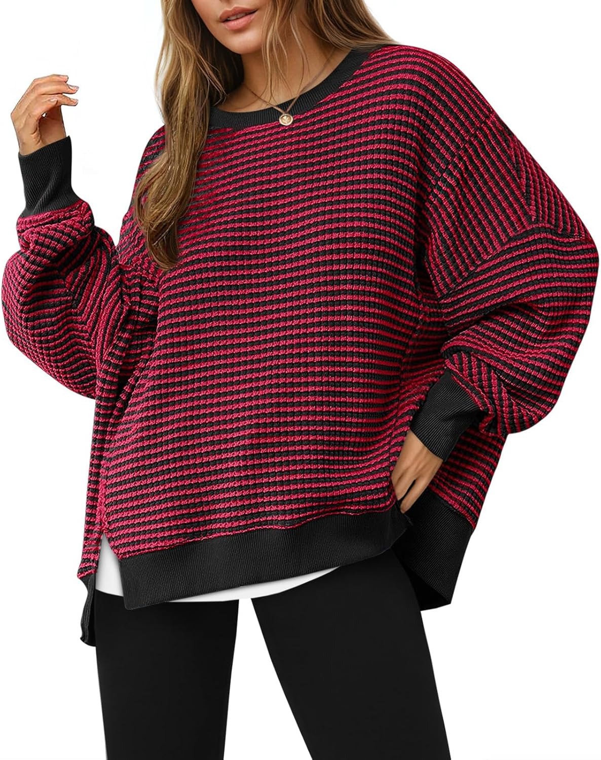 ⏰Hot Sale-Women's Oversized Sweatshirt Waffle Long Sleeve Split Pullover Tunic Tops