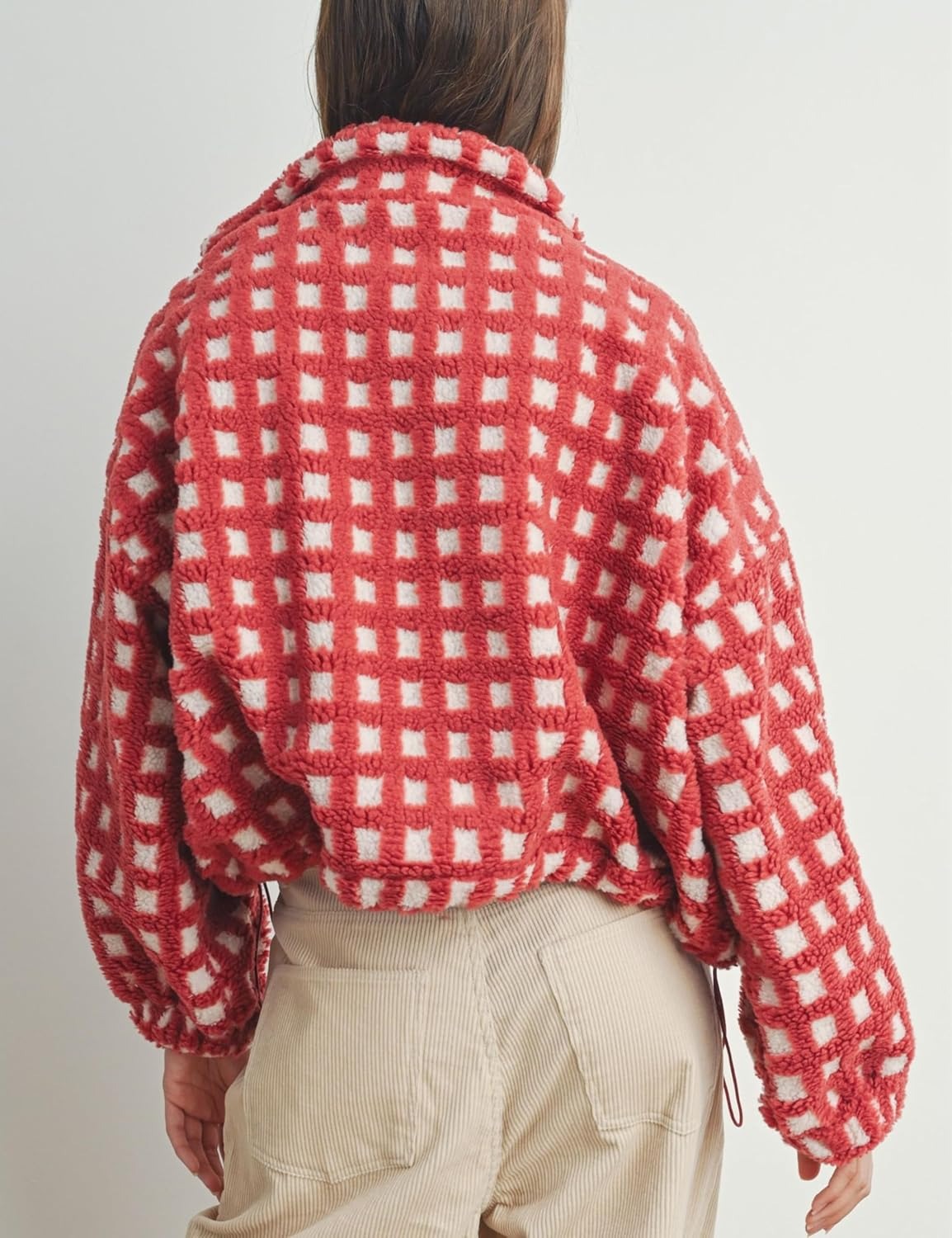 Women’s Cropped Sherpa Fleece Plaid Jacket Chunky Teddy Fleece Outerwear